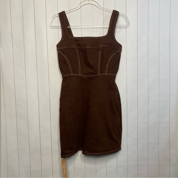 Reformation Davies Bustier Cafe Brown Denim Mini Dress NWT 2 Small Western Rodeo - Picture 2 of 9